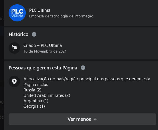 Detalhes página facebook scam PLC Ultima